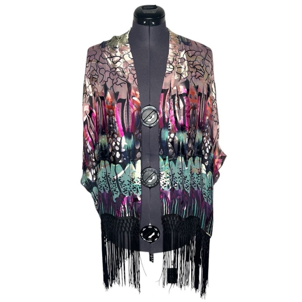 NEW Simply Silk Abstract Floral Watercolor Boho Fringe Kimono Jacket Topper OSFM